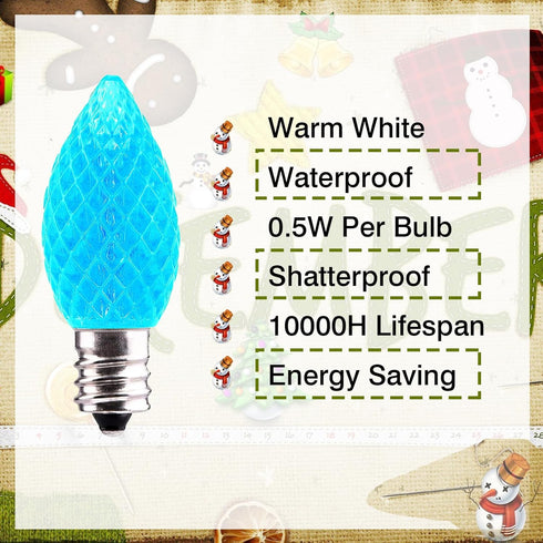 C7 LED Christmas Light Bulbs - 25 Pack C7 LED Bulbs Blue - 0.5W for Outdoor String Lights, Holiday Decoration...