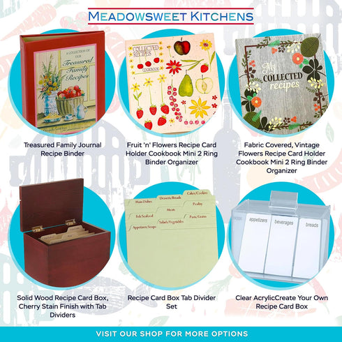Meadowsweet Kitchens Recipe Card Holder Cookbook Mini 2 Ring Binder Organizer - Recipe Binder Cook Book w/ 25 4 x 6 Cards, 50 Clear Card Sleeves, ...