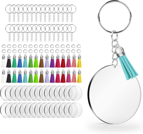 120 pcs Acrylic Keychain Blank Kit: Silver Tassels, Rings & Jump Rings for Craft, DIY Jewelry Making...