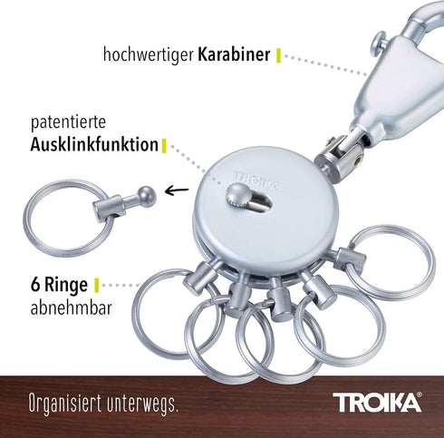 Troika Patent – KYR60/MC – Keyring – incl. Carabiner – 6 Exchangeable Rings – Metal/Brass– matt – Chrome Plated – unisex-adult, Silver – TROIKA-Or...