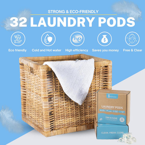 Free And Clear Eco Friendly Unscented Laundry Detergent Pods, 32 Pacs, Powerful Stain And Odor Removal, Biodegradable and HE Compatible...
