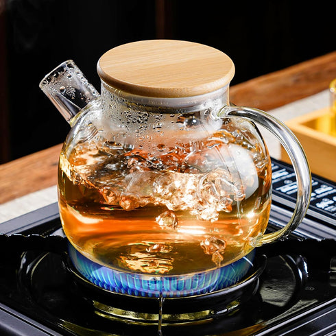 PARACITY Glass Teapot Stovetop 34 OZ/1000ml, Borosilicate Clear Tea Kettle with Bamboo Lid, Glass Tea pot with Removable Filter Spout, Teapot Bloo...