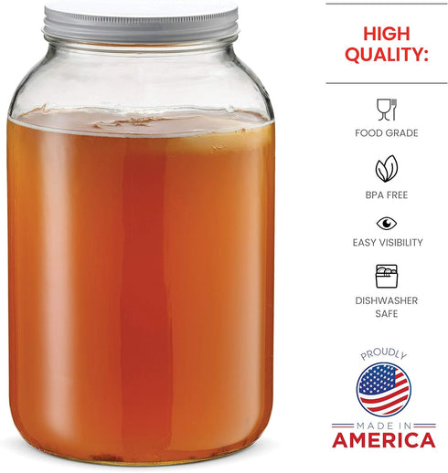 1 Gallon Glass Jar With Lid – 2 Pack Large Glass Jar With Airtight Metal Lids - USDA Approved BPA-Free Dishwasher Safe, Wide Mouth Sun Tea Jar, Ga...