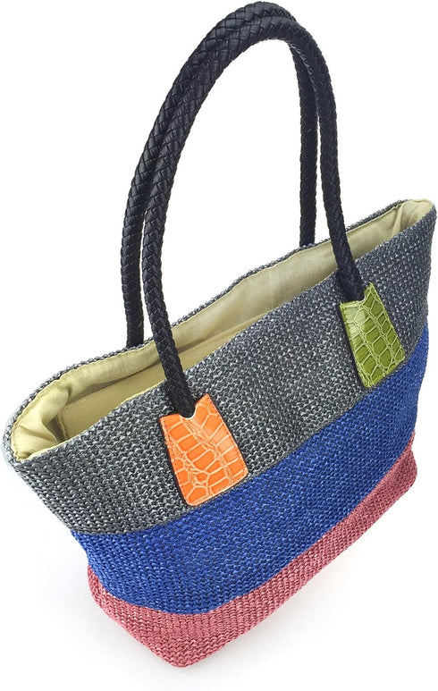 HOXIS Color Block Crocodile Pattern Stripes Woven Synthetic Straw Tote Womens Shoulder Handbag #Lovewin...