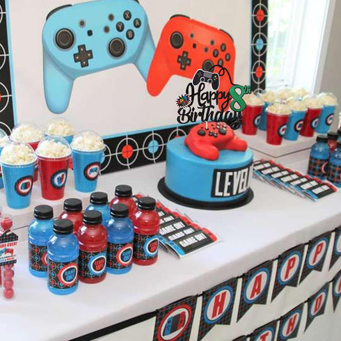 1 PCS Video Game Happy 8th Birthday Cake Topper Glitter Video Game Cake Pick Game On Controllers Eight Cheers to 8 Years Cake Decoration for Happy...