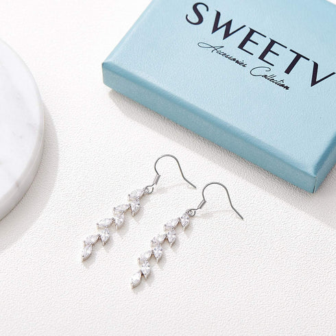 SWEETV Marquise Wedding Dangle Earrings for Brides Bridesmaid, Crystal Long Bridal Earrings for Women Prom...