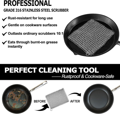 Cast Iron Scrubber 316 Stainless Steel Skillet Cleaner 8"x6" Chainmail Scrubber Scraper Chain Mail Link Scrub for Cast Iron Pre-Seasoned Pans, Gri...