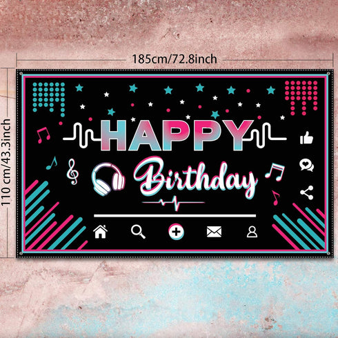 Music Happy Birthday Party Backdrop Musical Social Media Birthday Party Supplies Social Media Photography Background Large Fabric Banner for Teens...