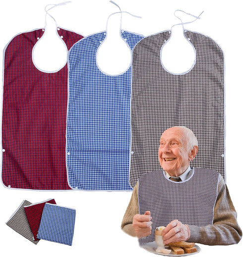 3PK Adult Bibs for Eating-Washable Reusable Waterproof Clothing Protector with Crumb Catcher-Large Adult Feeding Bibs Clothing Protector(Red, brow...