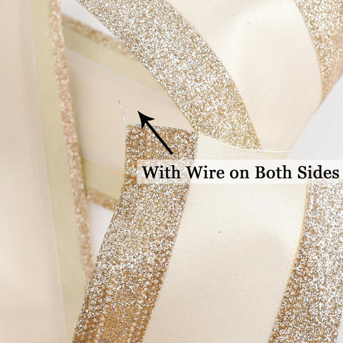 HUIHUANG Champagne Gold Wired Satin Ribbon with Glitter Stripe Edges 2.5 inch, Champagne Christmas Ribbon for Tree, Bows Making, Wreath Supplies, ...