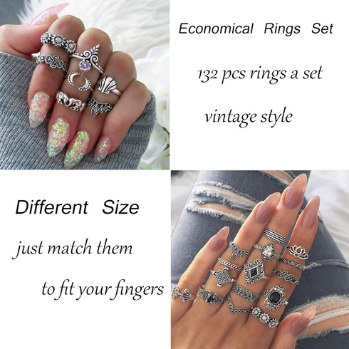 LOYALLOOK 132PCS Bohemia Knuckle Ring Set Women Hollow Silver Fashion Finger Rings Vintage Stackable Knuckle Midi Rings Set...
