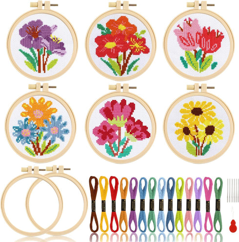 ZOIIWA 6PCS Cross Stitch Kits for Beginners DIY Embroidery Kit for Kids Adults Mother's Day Birthday Gift Spring Summer Flower Needlepoint Pattern...