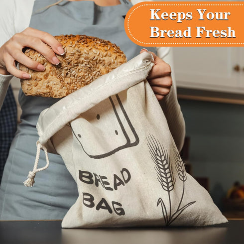 Bread Bags, 2 Pack Linen Bread Bags, Bread Bags for Homemade Bread Storage with Drawstring — Plastic Lined, Reusable Gift Bag for Housewarming, We...