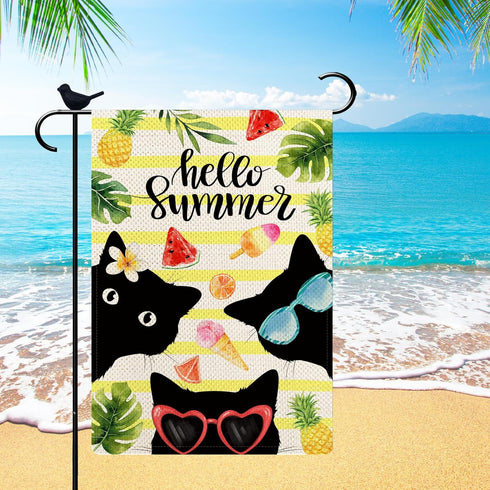 Black Cat Hello Summer Flag for Outside Burlap Hello Spring Summer Small Garden Flag 12.5 x 18 Double Sided Outdoor Holiday Porch Flags Seasonal D...