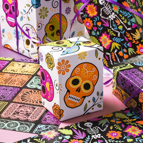 LeZakaa Holiday Wrapping Paper Sheet - 12 Sheet with 4 Different Design - Skull/Skeleton/Floral Print for Day of the Dead, Halloween - 27.5 x 19.6...