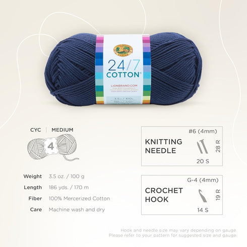 Lion Brand Yarn (1 Skein) 24/7 Cotton® Yarn, Navy, 558 Foot (Pack of 1)......