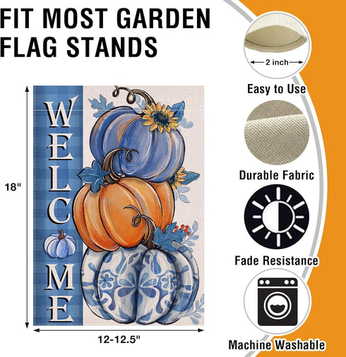 Welcome Fall Blue Pumpkin Small Decorative Garden Flag, Autumn Plaid Check Sunflower Yard Lawn Outside Decor, Thanksgiving Seasonal Burlap Outdoor...