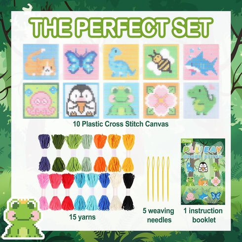 Pllieay 10-in-1 Cross Stitch Beginner Kit for Kids, Embroidery Kit Includes 10pcs Plastic Mesh Canvas with Pattern, 15 Yarns, 5 Weaving Needles, N...