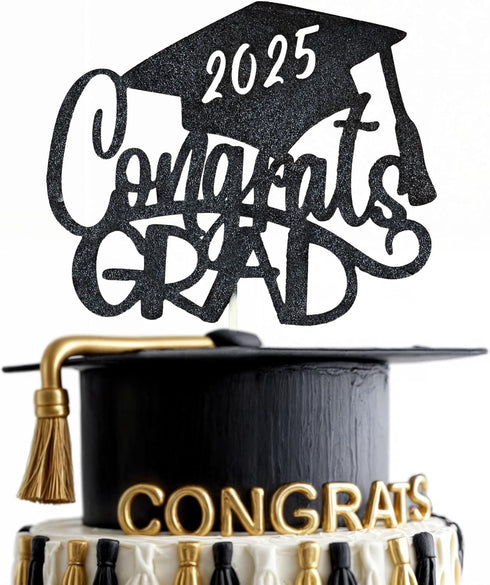 Black Glitter Congrats Grad 2025 Cake Topper with Graduation Cap- Congrats Grad Cake Topper- 2025 Graduation Party Decorations...