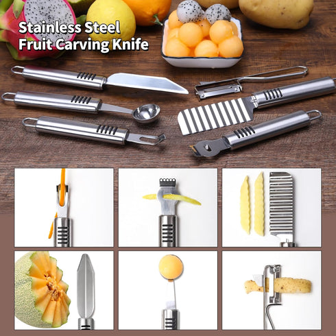 Stainless Steel Fruit Carving Knife Set, 5 Pack Vegetable Engraving Blades for Kitchen, Melon Baller Scoop,Lemon Zester, Garnish Peeler,Crinkle Kn...