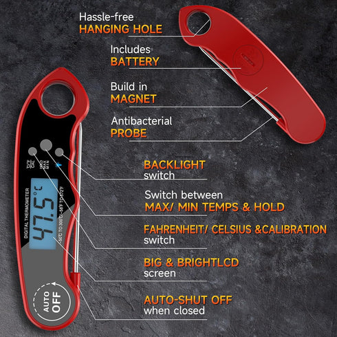 Kitchen Food Cooking Super Fast Thermometer Electric Probe with Backlight LCD, IP66 Waterproof Food Thermometer for Kitchen and Outside, BBQ, Turk...