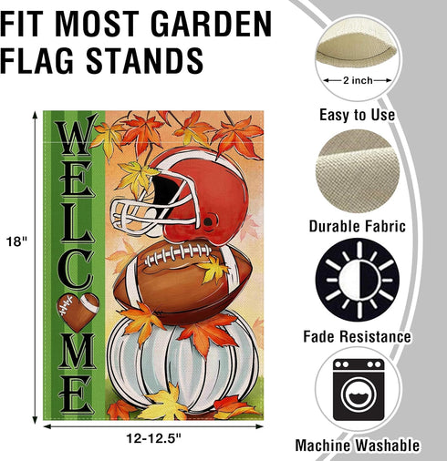 Welcome Fall Football Small Decorative Garden Flag, Autumn White Pumpkin Maple Leaves Yard Lawn Outside Decor, Thanksgiving Farmhouse Outdoor Home...