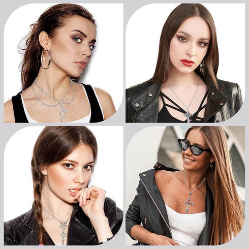 Janmercy 15 Pcs Gothic Grunge Necklace Set Goth Punk Rock Vintage Y2k Harajuku Silver Chain Choker Necklace Jewelry Costume Accessories for Women ...