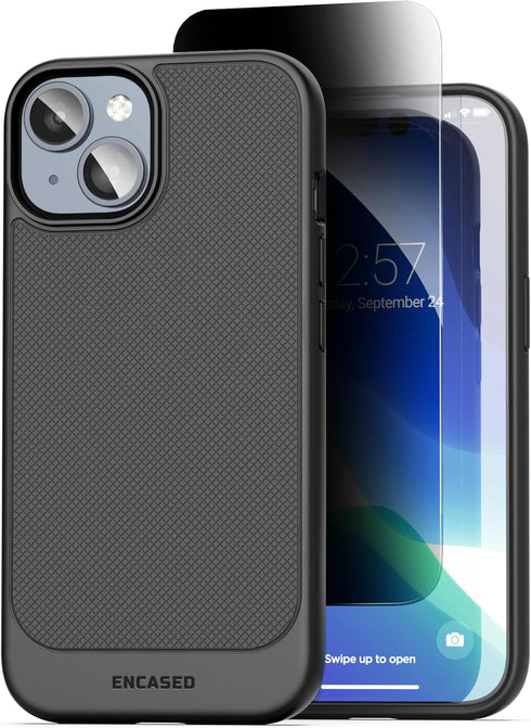 ENCASED Privacy Case Designed for iPhone 15 (2023) Flexible Slim-fit Grip Cover with Anti-Spy Screen Protector, 9H Tempered Glass (Black)...