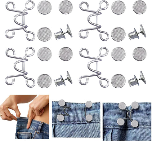 4 Set Pant Waist Tightener, Adjustable Waist Buckle Set, Extra Button for Jeans to Make Tighter, Button Adjuster for Pants, Jeans, Skirts, Sleeves...