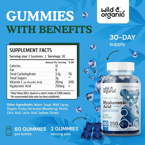 Hyaluronic Acid Gummies 250mg - Pure Hyaluronic Acid Supplements for Joints - Hair Skin and Nails Gummies w/Hyaluronic Acid Powder - Skin Suppleme...