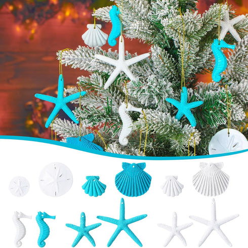 Jetec 26 Pcs Beach Ocean Themed Christmas Ornaments Bulk Resin Starfish Seashell Decorative Nautical Coastal Christmas Ornaments for Tree Home Bat...