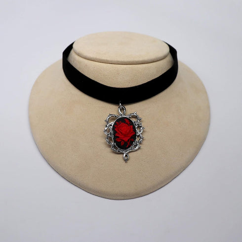Gothic Red Rose Cameo Black Velvet Choker Adjustable Size Cosplay Jewelry...