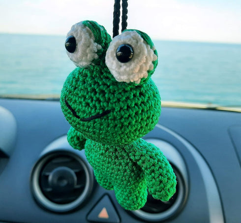 Handmade Frog Crochet Car Rear View Mirror Holder, Hanging Accessories Ornaments Cute Rearview Mirror Charm Decor, A Gift for Frog Lovers Car Hang...