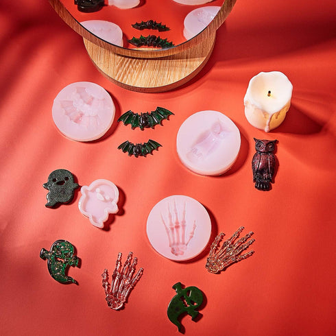 WILLBOND 6 Pieces Halloween Resin Coffin Molds Include Coffin Box Bat Silicone Owl Casting Skull Hands Ghost Shape Resin Mold Set for Halloween DI...