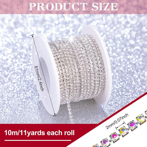 3 Rolls Total 33 Yards 2 MM Crystal Rhinestone Close Chain Trim Crystal Claw Cup Chain Sew on Trim for Sewing Crafts DIY Decoration Jewelry Weddin...