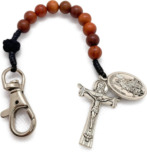 Catholic Prayer Pocket Rosary Holy Trinity Crucifix Saint Michael the Archangel Medal Corded Rosary Keychain Wooden Beads Tenner Open Style One De...