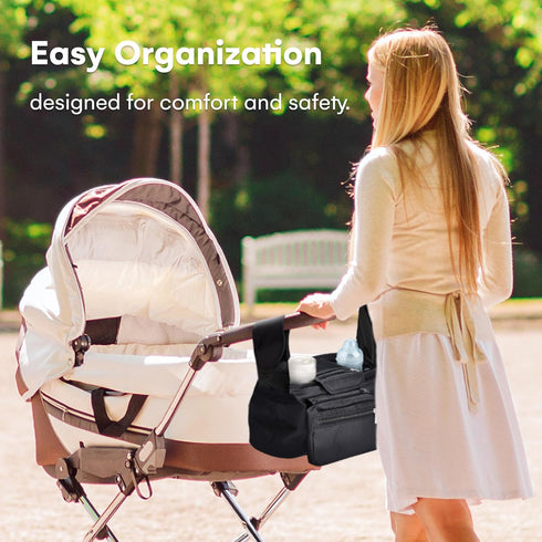 Enovoe Stroller Organizer - 12.9"x 6.3"x 3.9" Textile Stroller Storage Bag - Stroller Caddy Organizer with Insulated Cup Holders and Detachable Po...