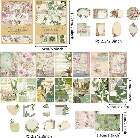 200 Pieces Vintage Scrapbook Supplies Pack, Vintage Nature Plant Flower Scrapbook Paper Art Journaling Kit for Bullet Journals Planners Collage De...