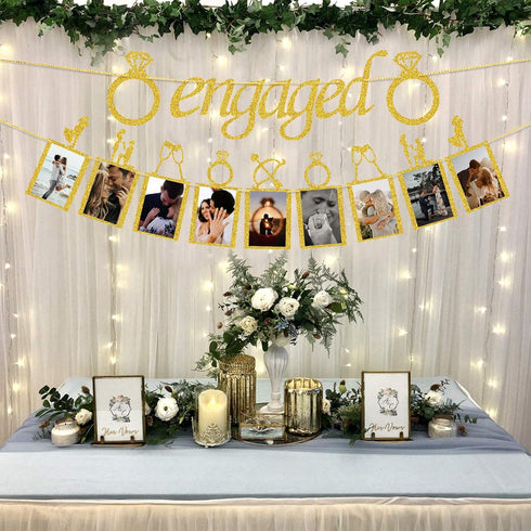 Engagement Wedding Decorations, Gold Engaged Banner and Photo Banner with Romantic Memories Picture Card Frames for Engaged/Wedding/Anniversary/Va...