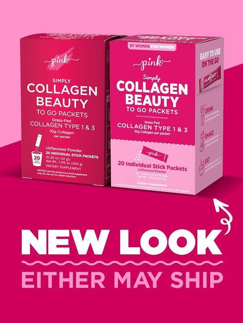 PINK Collagen Powder to Go | 20 Travel Packets | Unflavored Powder Type 1 & 3 | Gluten Free & Non-GMO Grass Fed Peptides...