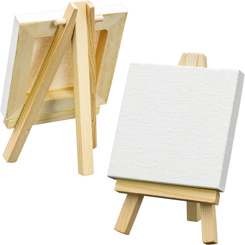 FIXSMITH 3x3 Inch Mini Stretched Canvas Easel Set- Bulk Pack of 12,Small Stretched White Blank Canvas Panels & Wood Easels for Painting Craft Draw...