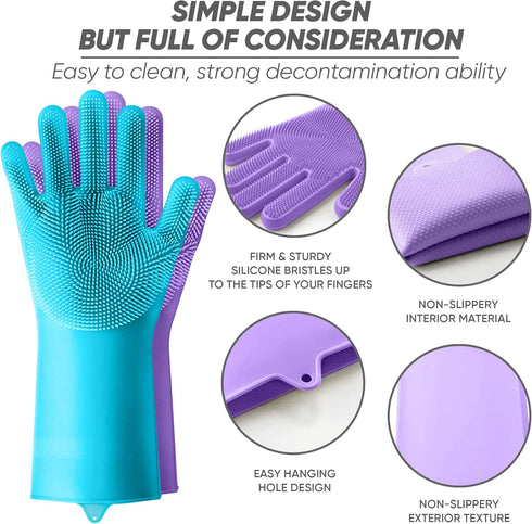 2 Pairs of Dishwashing Gloves, Kitchen Gloves for Washing Dishes, Reusable Silicon Gloves for Cleaning, 13.6 inches Purple and Blue Medium Dish Wa...