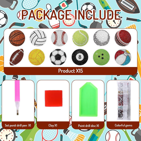 Whaline 12Pcs Sports Ball Diamond Drawing Refrigerator Magnets DIY Cute Balls Rhinestone Painting Full Drill Painting Magnetic Stickers Diamond Ar...