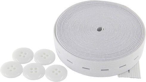 Flat Sewing Band Spool with Buttonholes, Elastic Stretchable, Ideal for DIY Waistbands and Necklines (White, 3/4 inch × 5 Yards)...