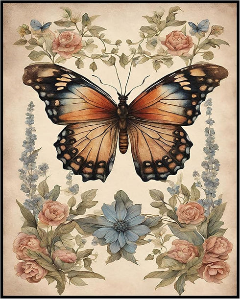 Posterizer 1 pcs- Orange butterfly with wild blue and red flowers-Art for Animal Lovers-Floral Botanical Art- Gift for Men Women Teens-Decor for ...