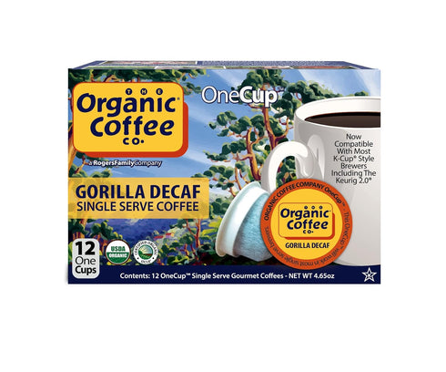 The Organic Coffee Co. Compostable Coffee Pods - Gorilla Decaf (12 Ct) K Cup Compatible including Keurig 2.0, Medium Roast, Swiss Water Processed,...