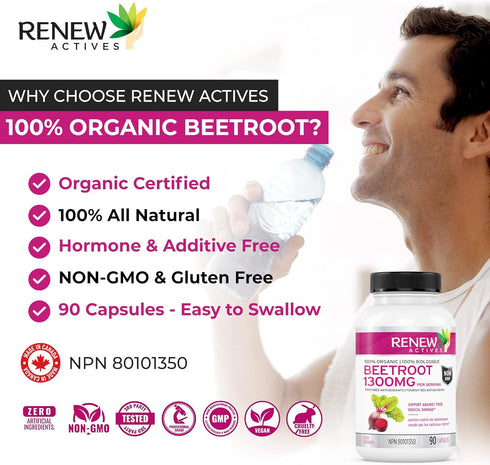 Renew Actives Organic Beetroot Supplement: 1300mg Extract for High Antioxidant Levels - Promotes Wellness - 90 Veggie Capsules...