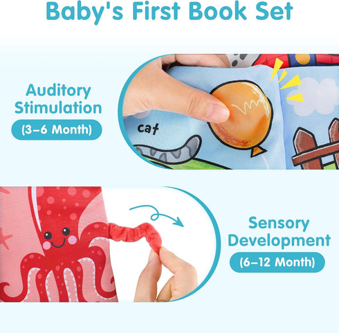 iPlay, iLearn Baby Cloth Books 6-12 Month, Infant Soft Touch Feel Marine Farm Animal Fabric Book Set, Newborn Carseat Crib Crinkle Toy, Babies Bir...