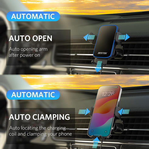 Wireless Car Charger, BESTEK 15W Fast Charging Auto Clamping Car Phone Holder with QC3.0 Car Charger, Air Vent Car Phone Mount Compatible with iPh...