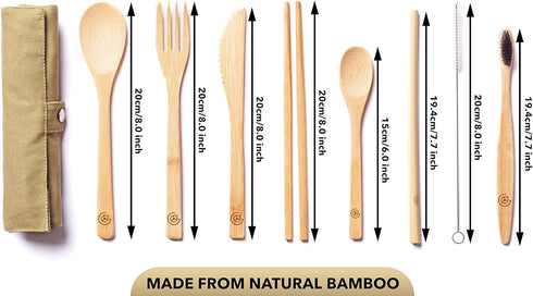 Greenzla Double Pack Bamboo Utensils Set with Bonus Toothbrush Pair, Straw, Spoon, Fork, Knife, Teaspoon, Chopsticks, Brush & Duo Storage Bags - R...
